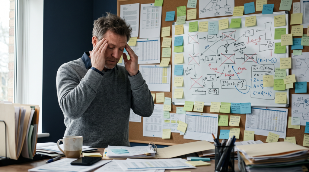 Business owner overwhelmed at the whiteboard