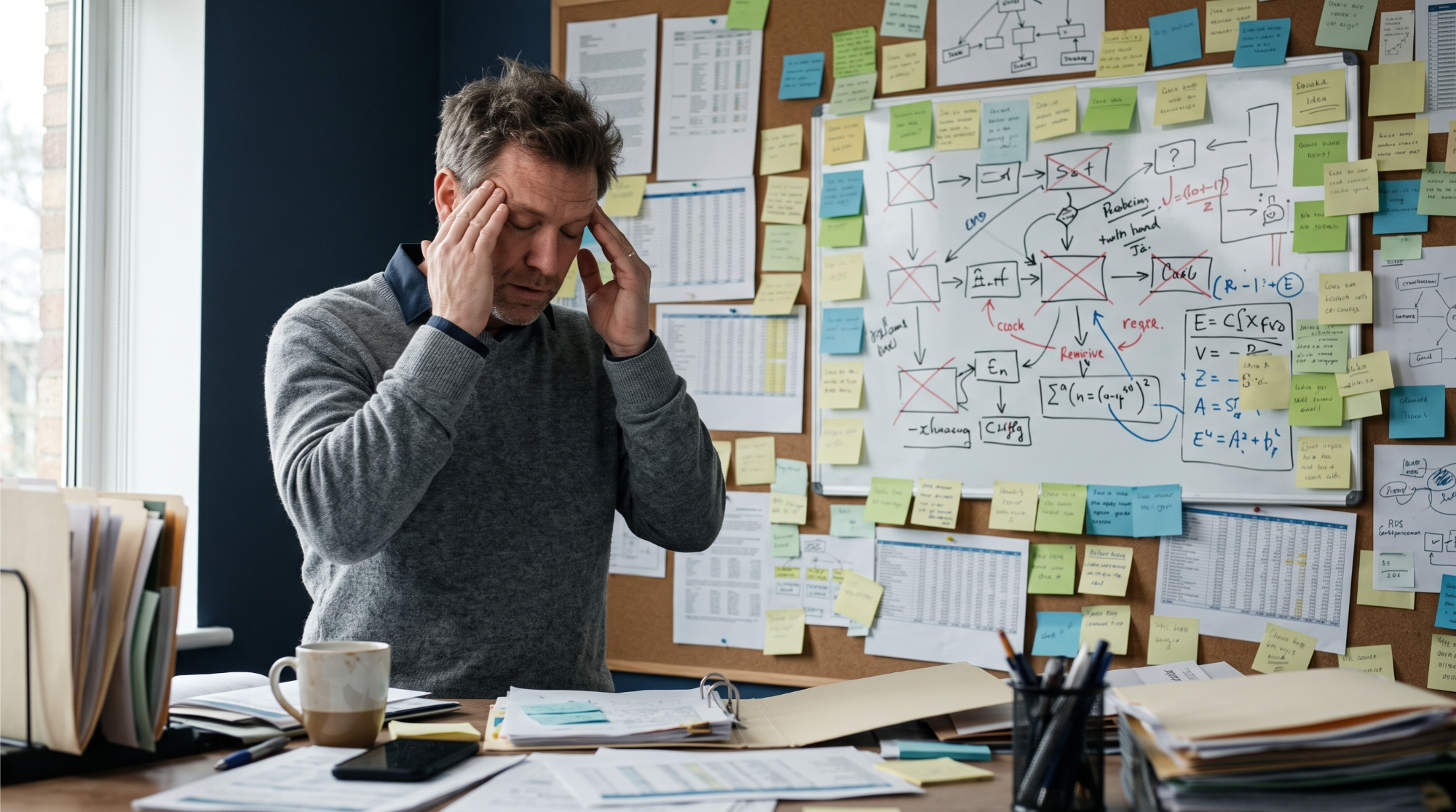 Business owner overwhelmed at the whiteboard