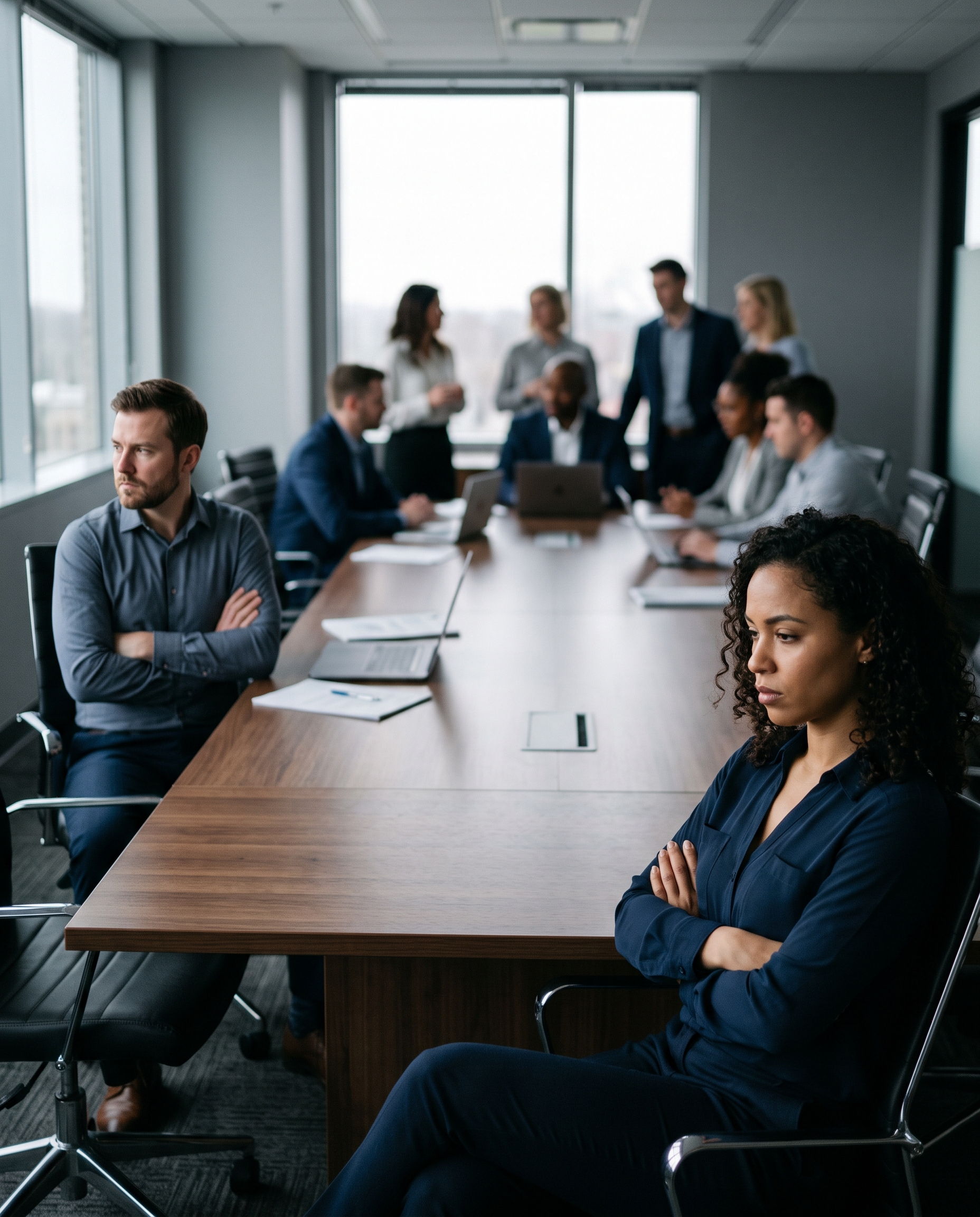 Two people standing apart while the rest of the team works in conversation